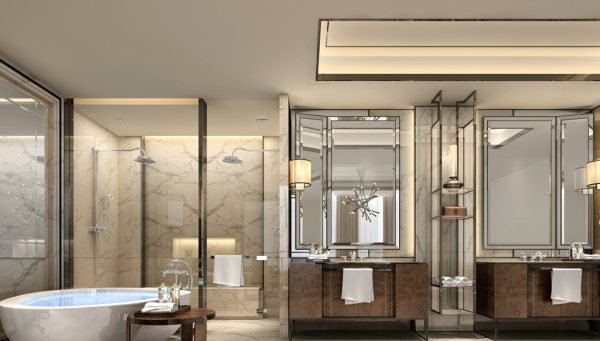 Customised hotel bathroom cabinet and mirror